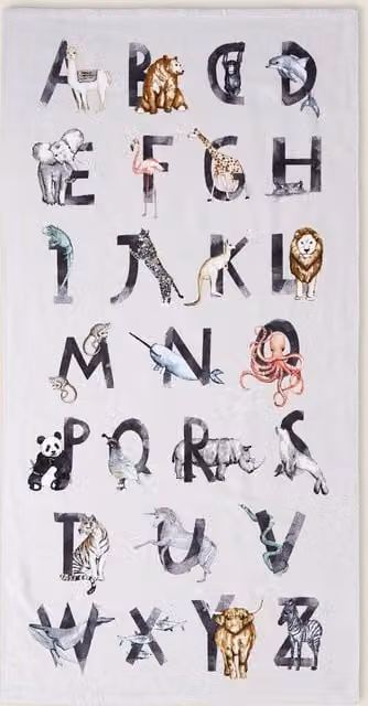 M&S Fluffy Pure Cotton Alphabet Printed Childrens Bath Towel in Silver Grey and White