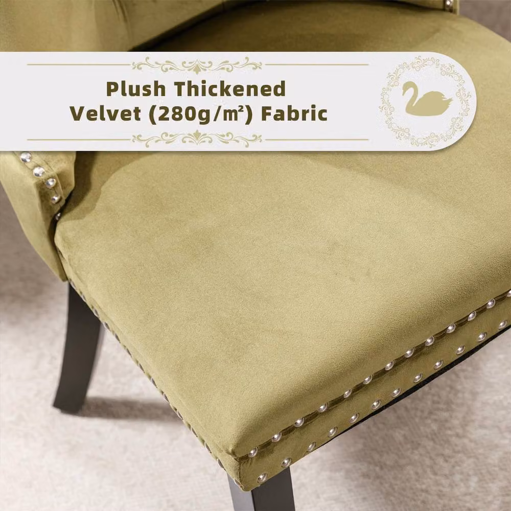 Modern Home Touch Romsey Set of 4 Green Velvet Upholstered Dining Chairs with Oak Legs and Knocker Ring Back – 4