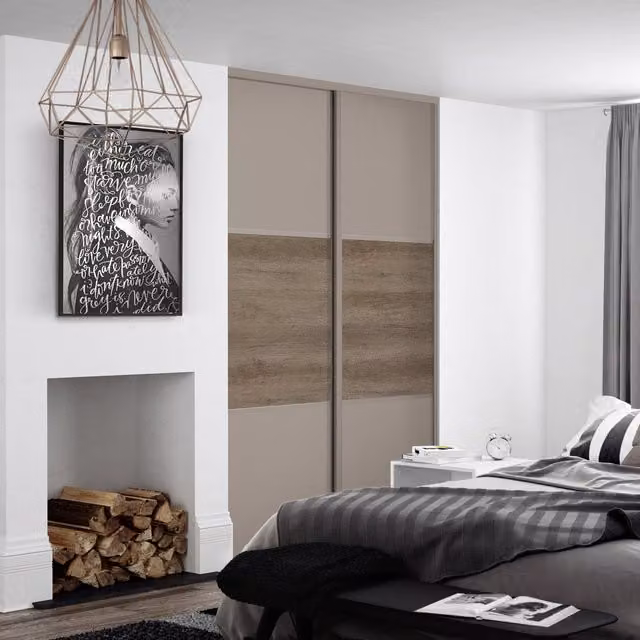 Spacepro Classic 3 Panel Sliding Wardrobe Door Kit in Stone Grey and Oak Frame with Grey Nebraska Finish