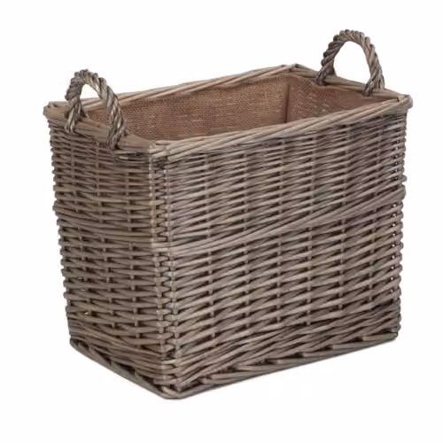 Red Hamper Rectangular Wicker Log Storage Basket with Hessian Lining in Brown and Red, W: 32 cm, D: 30 cm, H: 30 cm