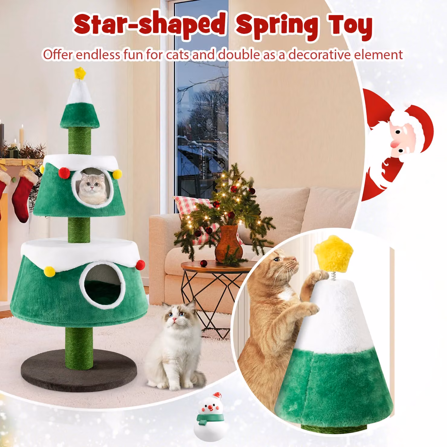 Costway Christmas Cat Tree with 2 Condos and Integrated Toys in Green – 3