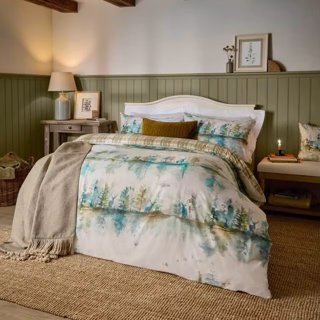 Voyage Maison Green Cotton Reversible Duvet Cover Set, W/D/H: 140 x 200 cm