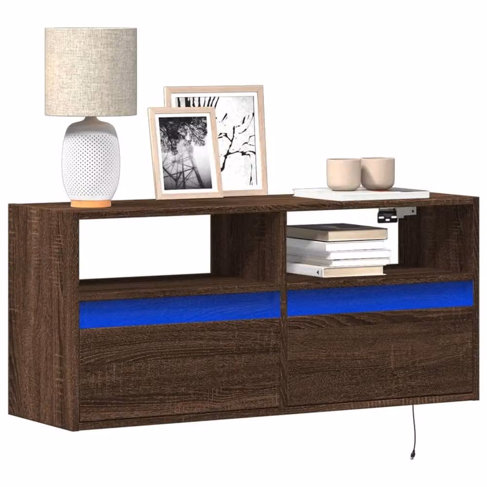 Berkfield Home Modern TV Wall Cabinet with LED Lights in Brown Oak, W/D/H: 100 x 31 x 45 cm – 2