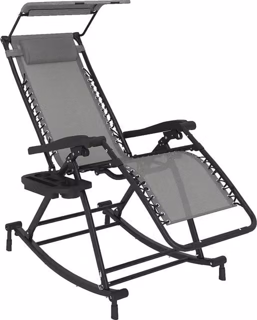 Outsunny Grey Garden Rocking Chair Folding Recliner with Adjustable Headrest and Side Holder