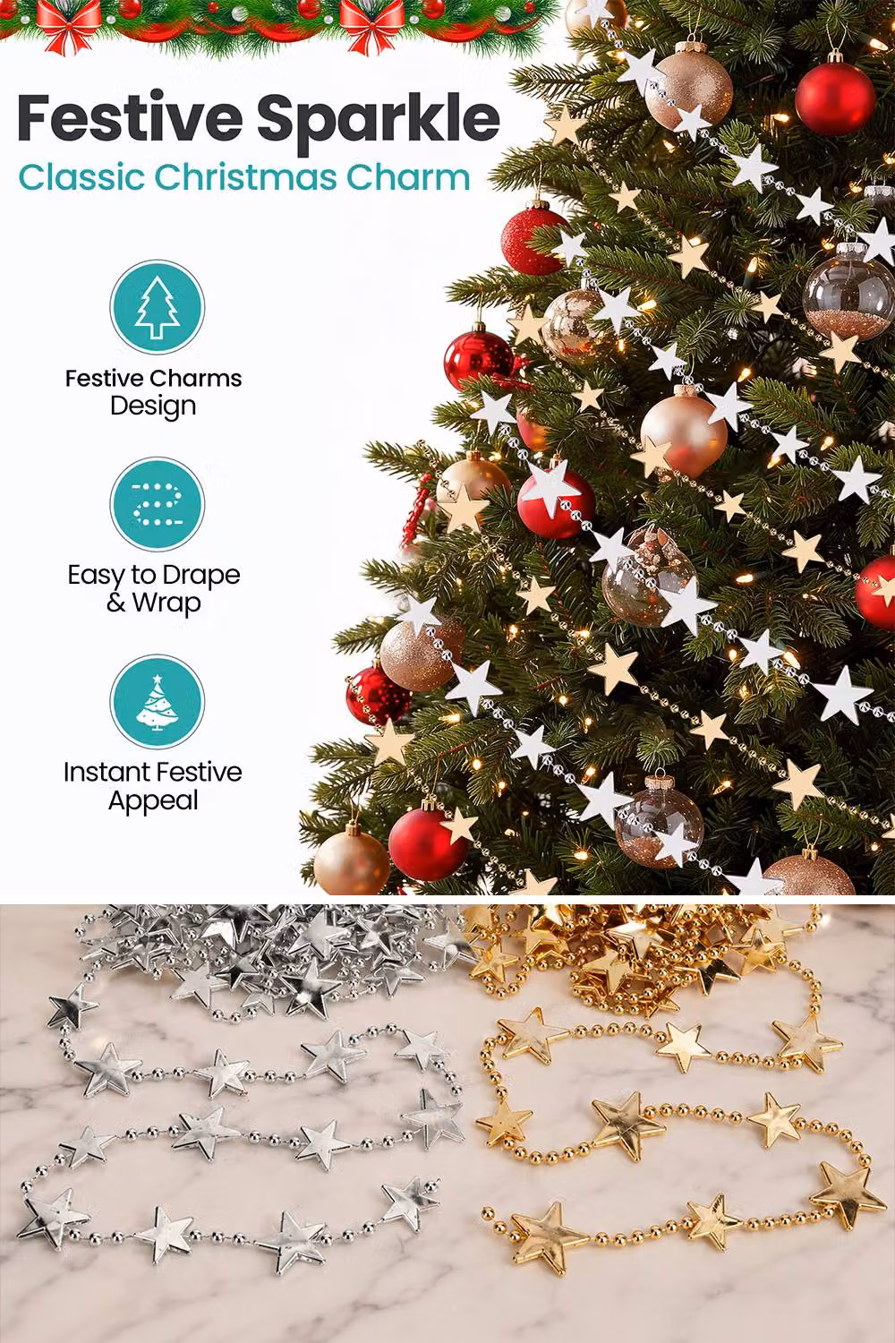 Neel Blue 2-Piece Christmas Bead Chain Garland with Gold and Silver Star Design – 3