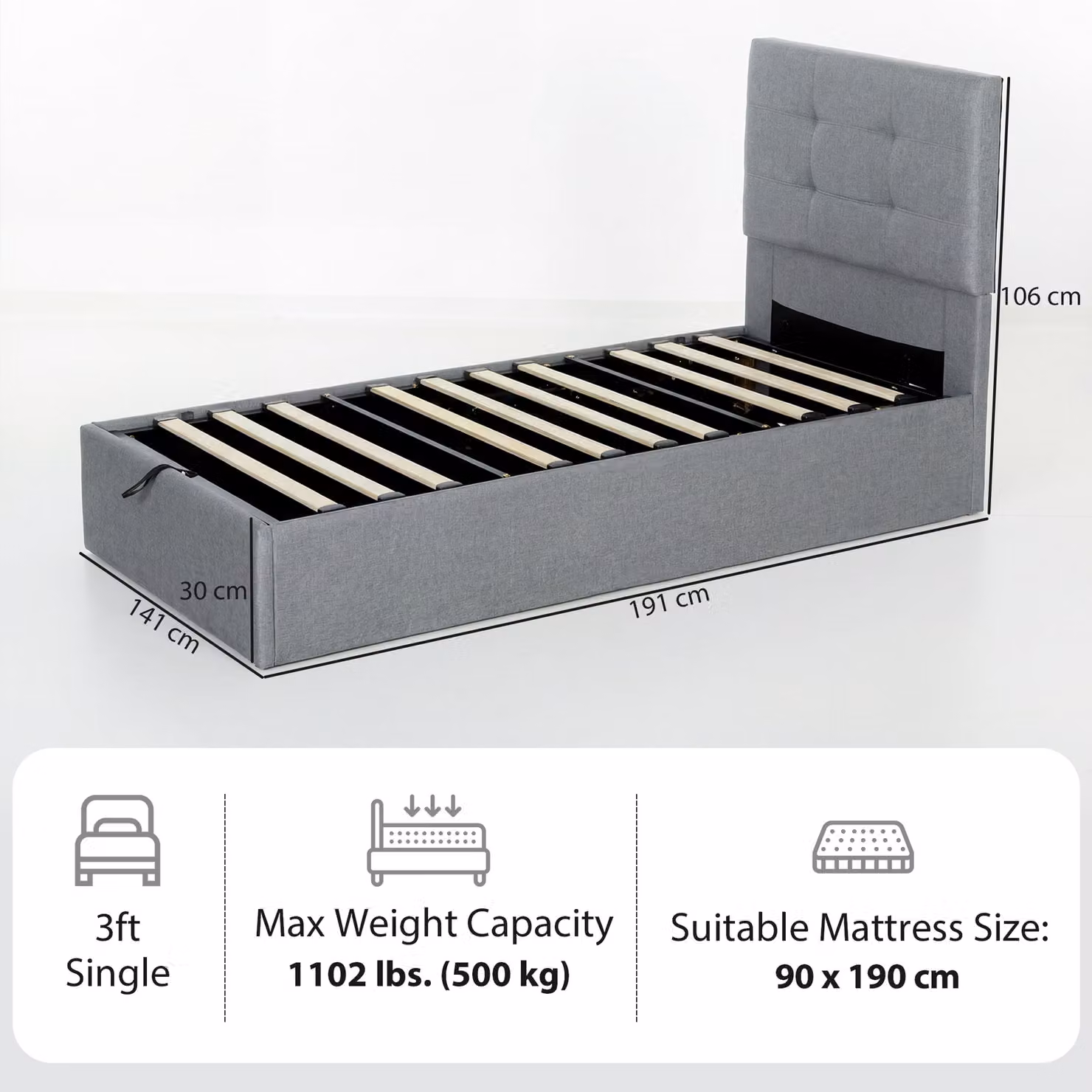 HOMCOM Single Ottoman Bed with Gas Lift Storage, Grey, W/D/H: 90 x 190 x 35 cm – 3