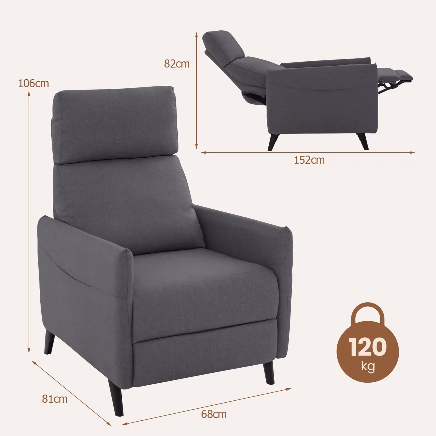 Gymax Grey Linen Fabric Recliner Push Back Armchair with Metal Frame – 2