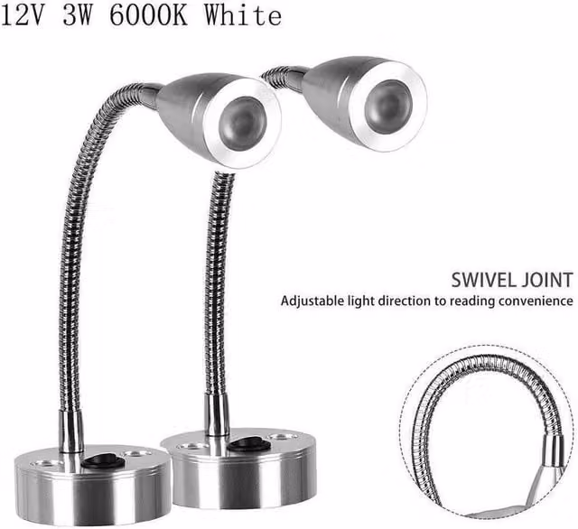 EONLION 2-Pack 12V Adjustable LED Wall-Mounted Reading Spot Lights in Silver