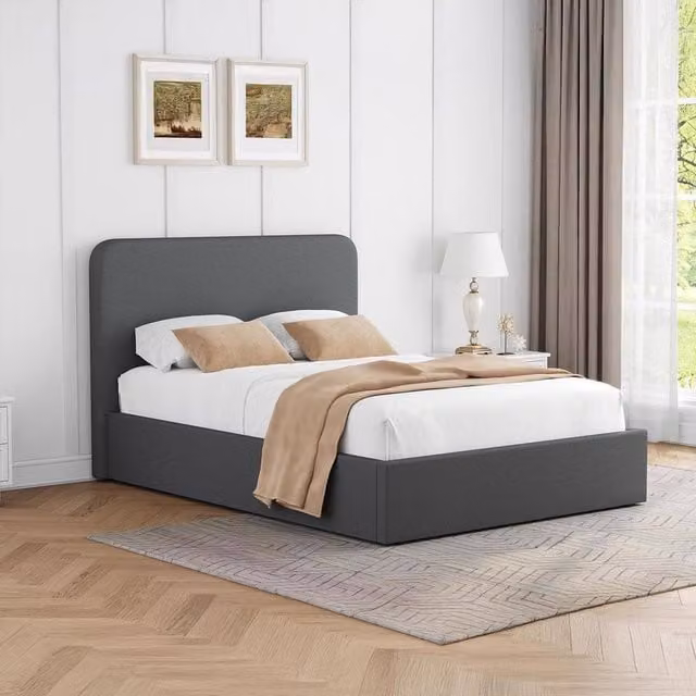 FWStyle Grey Linen Upholstered King Size Ottoman Lift Up Storage Bedframe – 1