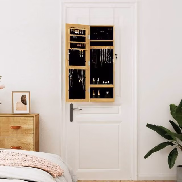 Berkfield Home Wall Mounted Mirror Jewellery Cabinet in Beige, W/D/H: 30 x 8.5 x 90 cm