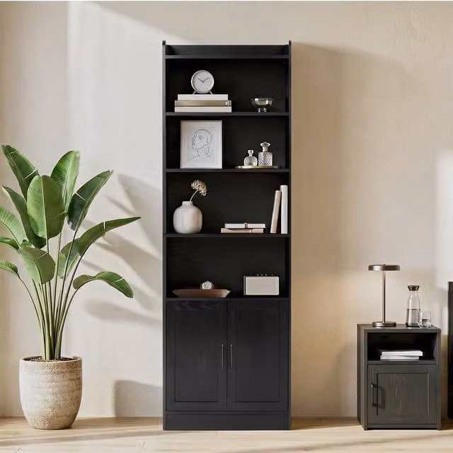 Yaheetech 7-Tier Tall Bookcase with Cabinet in Black
