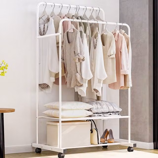 Livingandhome Modern White Metal Clothes Rail and Dual Hook Storage Rack