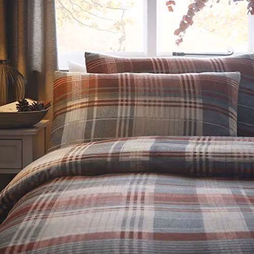 Dreams & Drapes Connolly Reversible Checked Cotton Flannelette Duvet Cover and Pillowcase Set, Red, Grey and Multicolour, W/D/H: 200 x 200 cm and 140 x 200 cm – 3