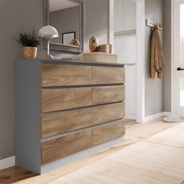 FORGEVIO Modern 8 Drawer Chest in Grey and Light Oak