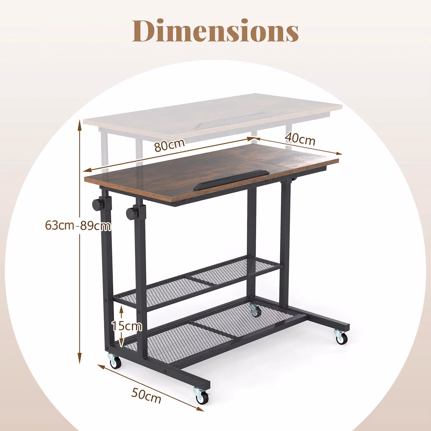 Gymax Height Adjustable Mobile Standing Desk with Tilting Tabletop and Shelves in Brown – 2