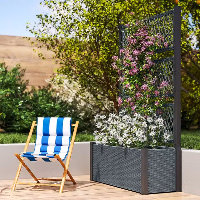 Outsunny Charcoal Grey Raised Bed Garden Planter Box with Trellis and Liner