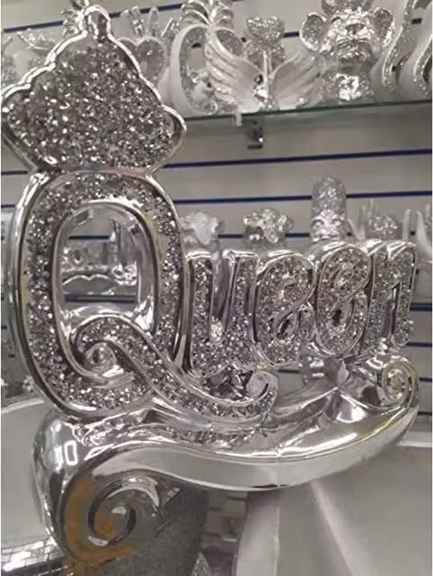 Biznest Silver Crushed Diamond Queen Block Letter Tabletop Ornament