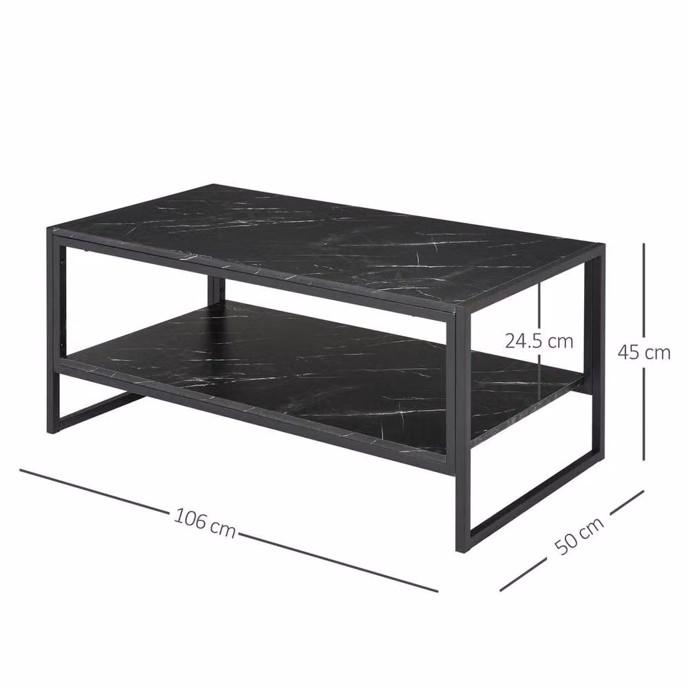 HOMCOM Modern Square Two-Tier Coffee Table in Black with Glossy Abstract Finish, W/D/H: 100 x 100 x 45 cm – 2