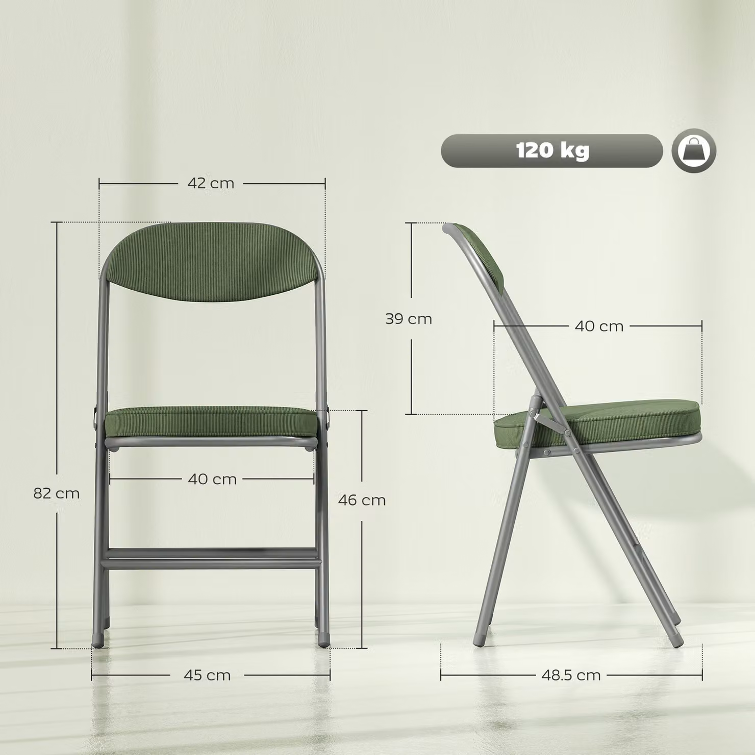 HOMCOM Set of Four Folding Corduroy Seat Chairs in Green – 3
