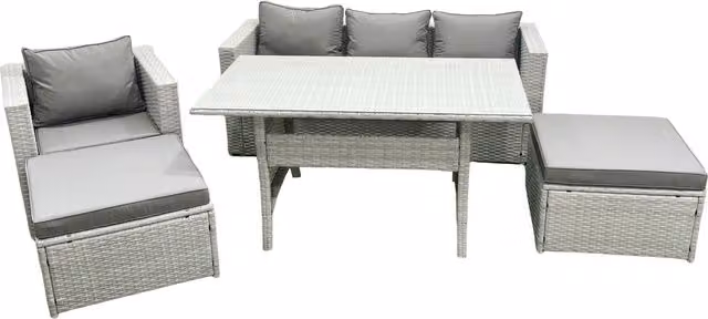 Fimous 6 Seater Rattan Garden Furniture Set with Glass Top Dining Table in Light Grey