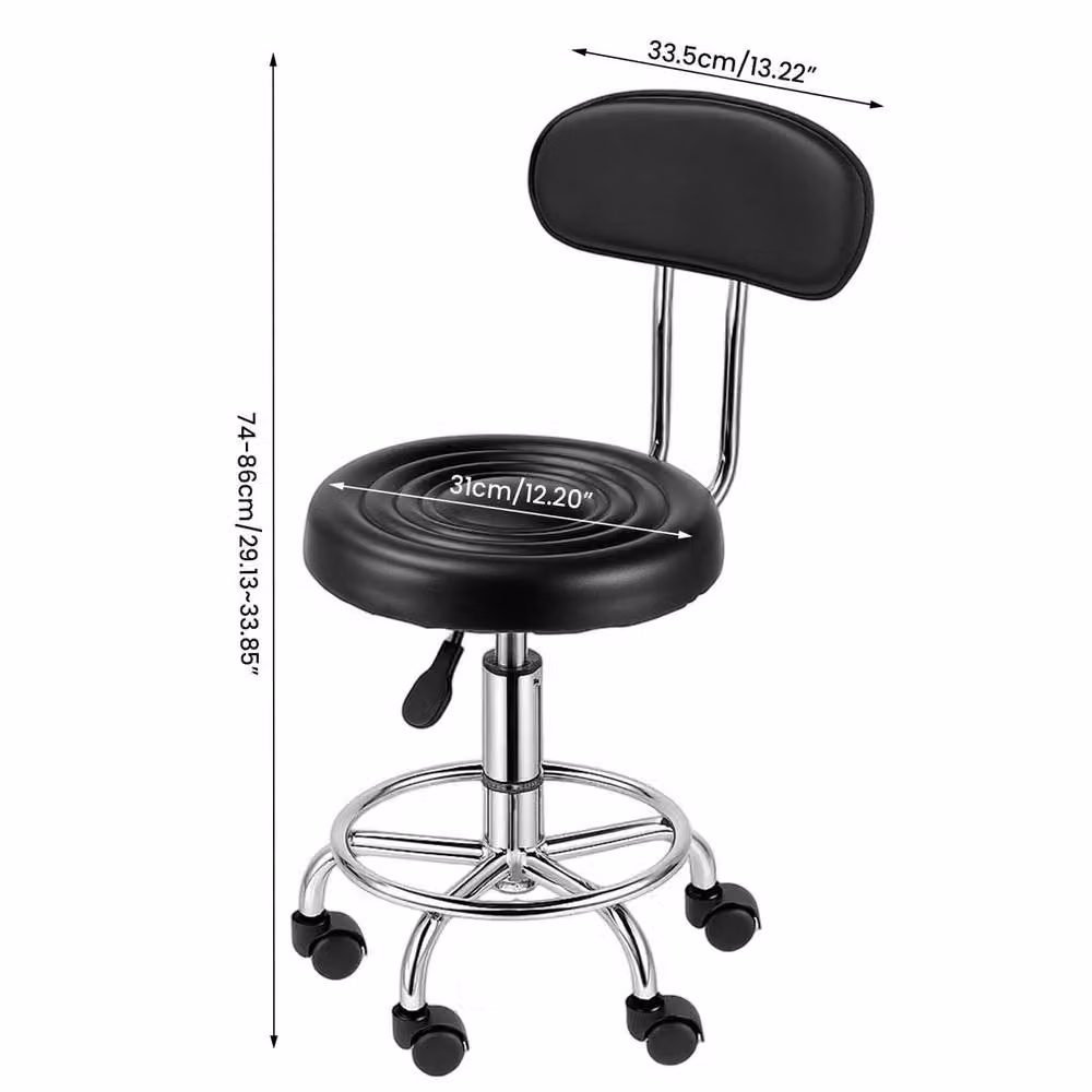 FLAVORA Adjustable Rolling Stool with Backrest in Black PU Leather – 2