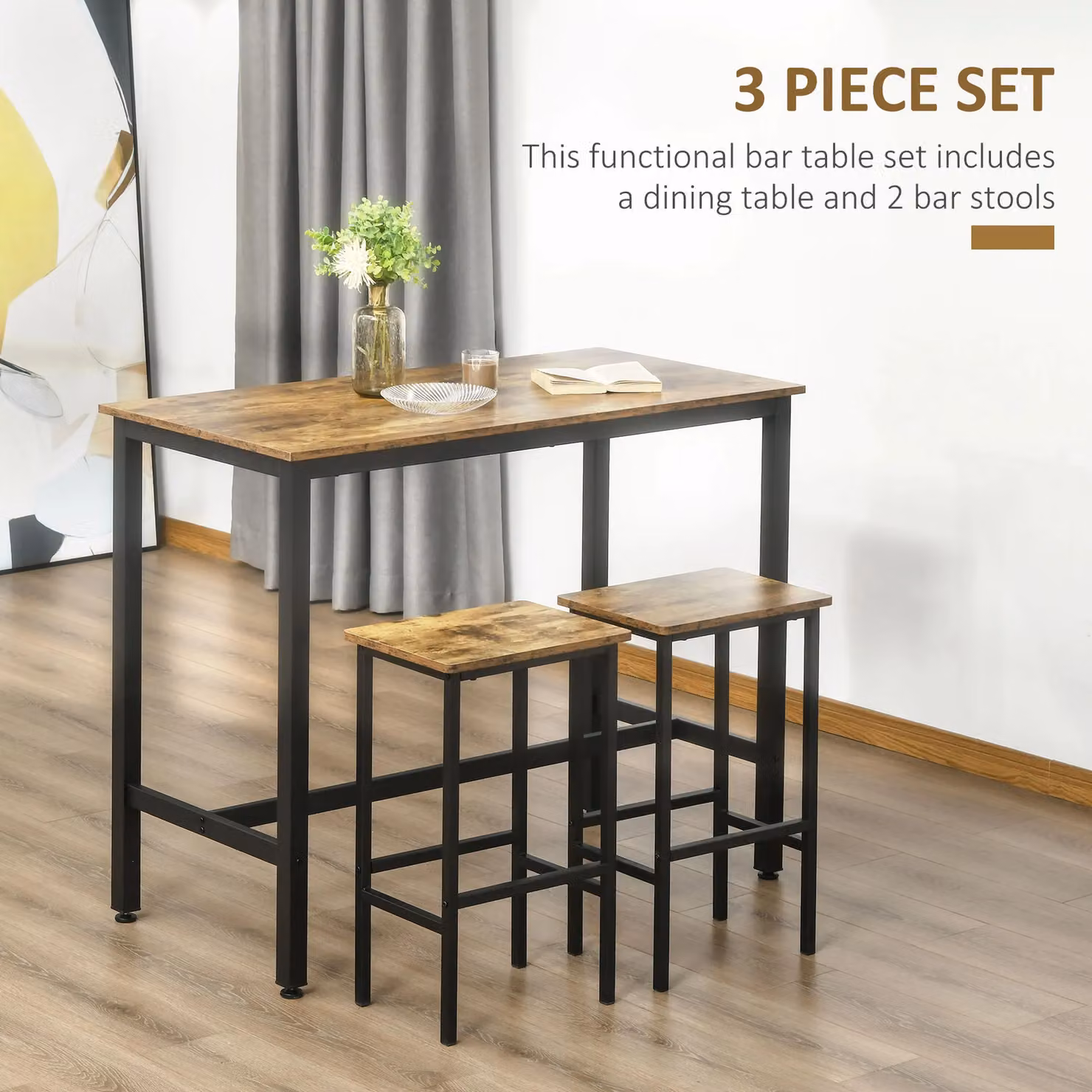 HOMCOM 3 Piece Industrial Breakfast Bar Table Set with 2 Stools in Brown – 4