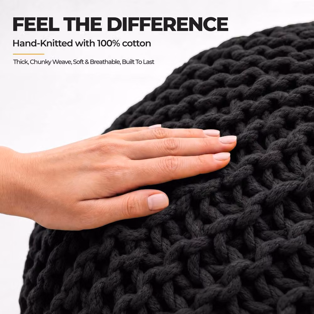 Bravich LTD Chunky Knitted Cotton Pouffe Footstool in Black, Diameter: 50 cm – 6