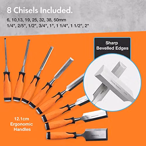 VonHaus 10-Piece Woodworking Chisel Set with Chrome Vanadium Tools, Sharpening Stone, Honing Guide and Orange Storage Case – 2
