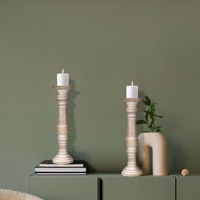 Topfurnishing Set of 2 Rustic Antique Carved Wooden Pillar Church Candle Holders in Brown and Yellow, W/D/H: 13 x 13 x 31 cm