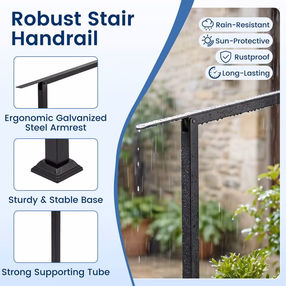 Gymax Adjustable 2-Step Wall Mounted Outdoor Stair Handrail in Black Galvanised Steel – 4