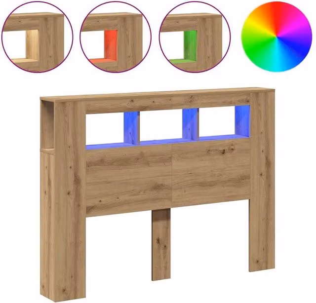 Berkfield Home Artisan Oak LED Headboard in Brown with Integrated Lighting, Shelf and USB Charging Port, W: 140 cm, D: 18.5 cm, H: 103.5 cm – 1