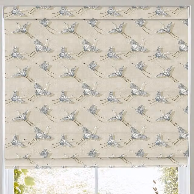 Naoko Made to Measure Blackout Roman Blind in Linen with Blue and Beige Animal Graphic