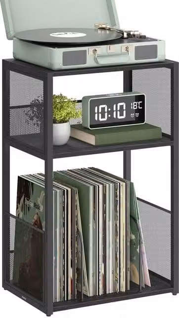 FORGEVIO 3-Tier Industrial Record Player Stand and Vinyl Storage Side Table in Black