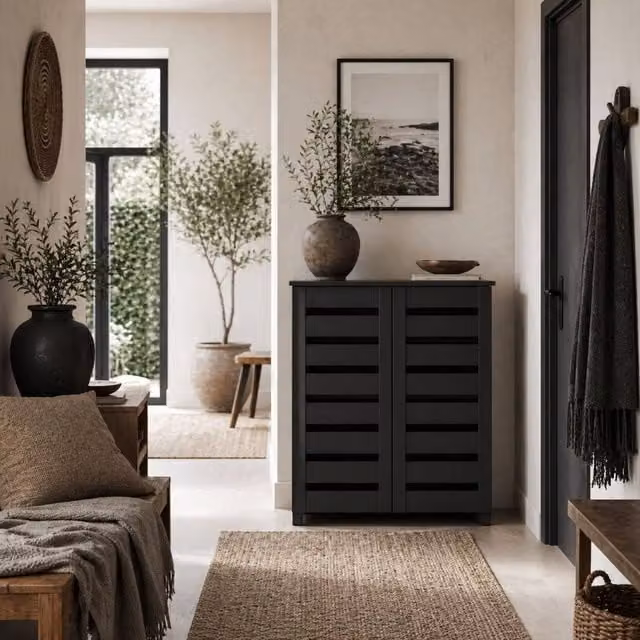 Wyld Haus Kamoza Black Slim Shoe Cabinet with 5 Tiers and Slatted Hinged Doors, W/D/H: 80 x 33 x 98 cm – 1