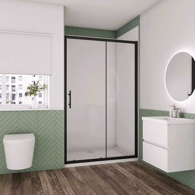 NESTLUNE Matt Black Aluminium Sliding Shower Door, H: 140 cm, W: 52 cm