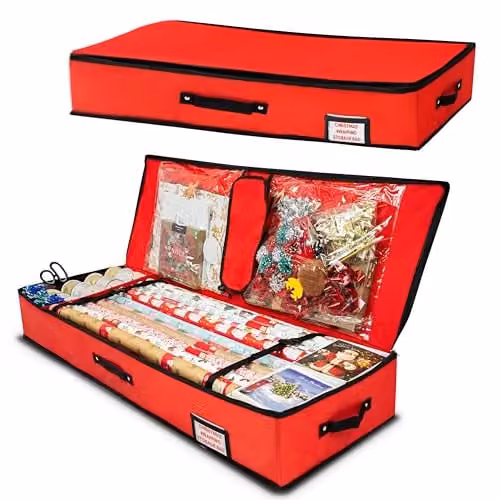 Pelle & Sol Christmas Wrapping Paper Storage Bag in Red, Fits 24 Rolls, Foldable Fabric Organizer with Handles – 1