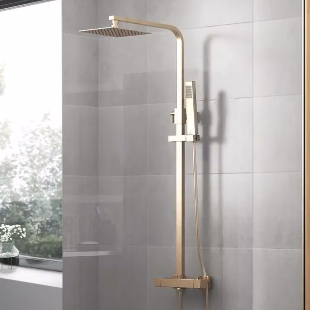 Nes Home Brushed Gold Thermostatic Shower Mixer Set with Square Twin Head and Exposed Valve – 1