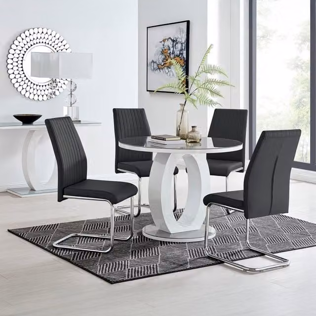 FurnitureboxUK Giovani Round Dining Table and Four Lorenzo Chairs Set with Grey Glass Top and Black Faux Leather Chairs, Diameter: 100 cm