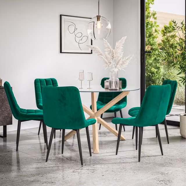 More4Homes Malvern Round Glass Dining Table with 6 Green Nova Velvet Chairs and Oak Legs, Diameter: 120 cm, Height: 75 cm