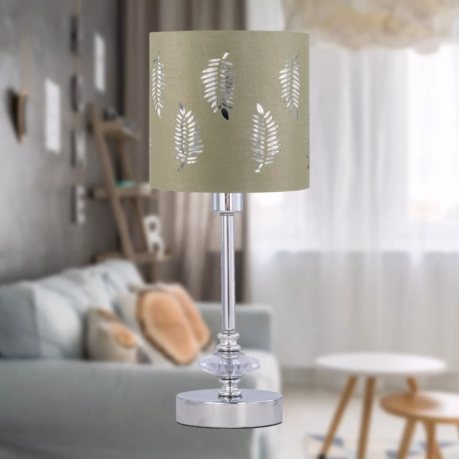 First Choice Lighting Chrome Jewelled Table Lamp with Sage Green Fabric Cylinder Shade – 3
