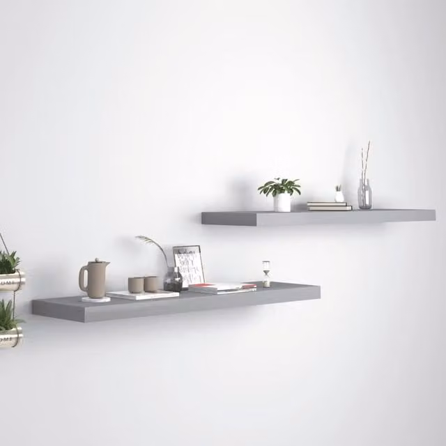 Berkfield Home Set of 2 Grey Floating Wall Shelves, W/D/H: 90 x 23.5 x 3.8 cm