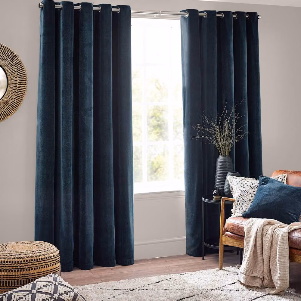 Yard Navy Blue Heavy Chenille Blackout Eyelet Curtain Pair, W: 229 cm, D: 229 cm – 2
