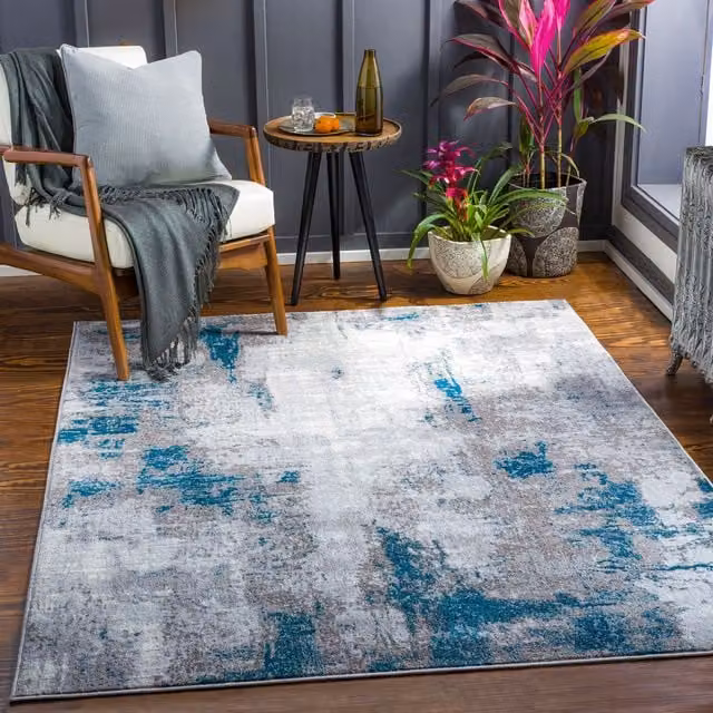 Livabliss Wanderlust Abstract Modern Marble Rug in Blue, Grey and Black, W/D: 200 x 275 cm