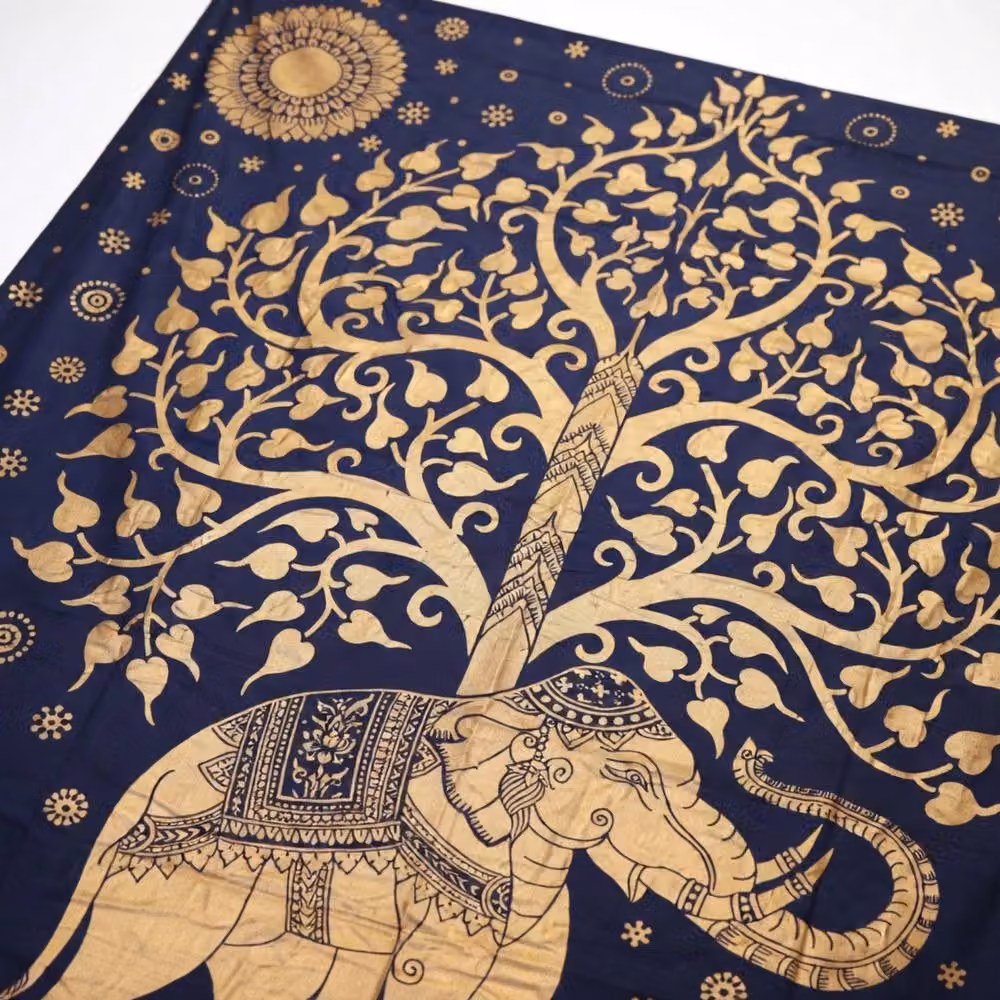 KDMD Double Cotton Bedspread and Wall Hanging Set with Elephant and Tree Design in Blue and Gold – 3