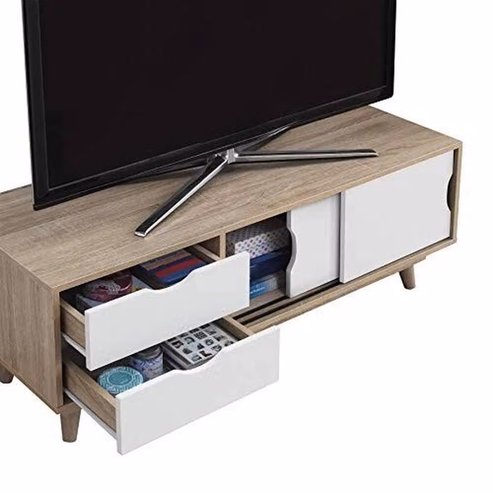 ERGOVEXA Oak White Scandinavian TV Stand Cabinet with Storage Shelves and Media Compartments – 2