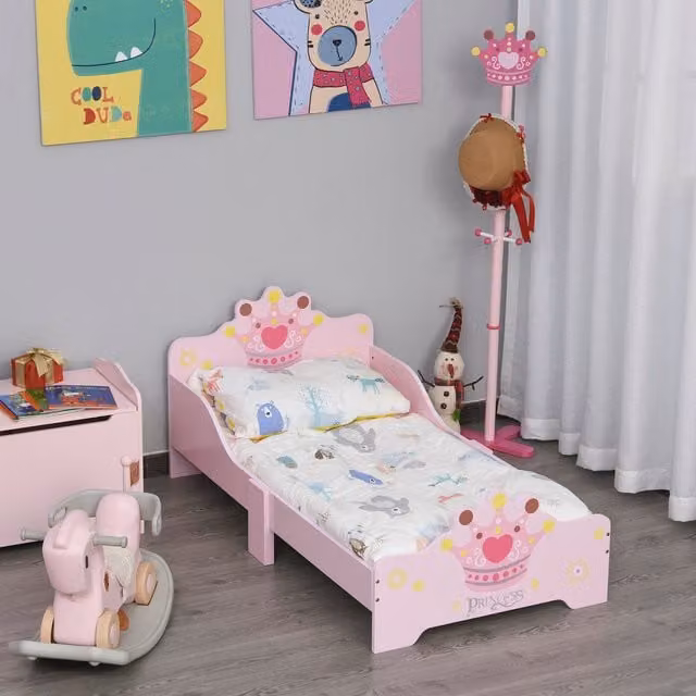 HOMCOM Kids Wooden Princess Crown and Flower Single Bed in Pink, W/D/H: 90 x 190 cm
