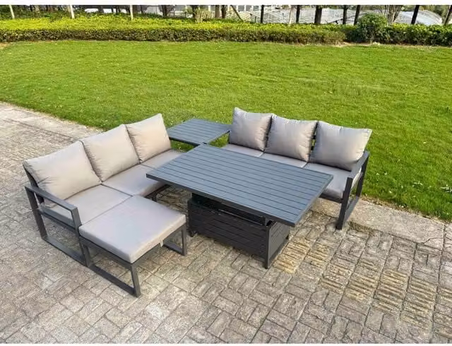 Fimous 5-Piece Powder Coated Aluminium Outdoor Sofa Set in Dark Grey with Upholstered Cushions, 3-Seater Sofa, Coffee Table and Ottoman