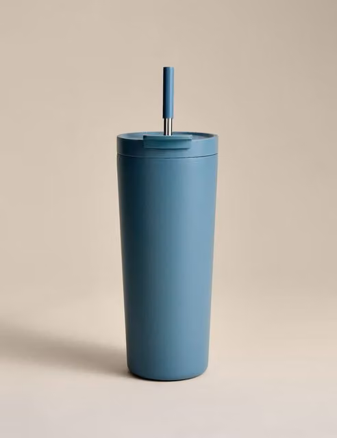 M&S Stainless Steel Double Walled Straw Mug with Lid, 700ml, Blue