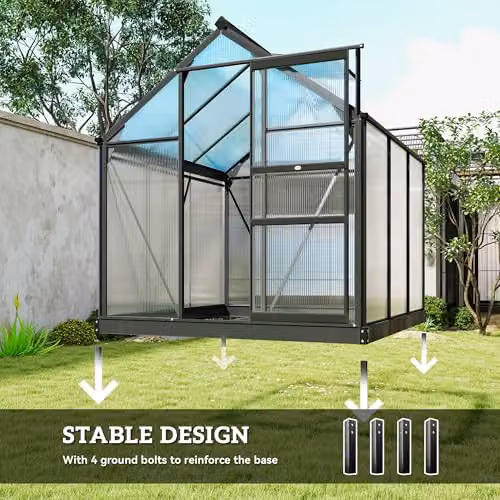Outsunny Polycarbonate and Aluminium Walk-In Garden Greenhouse with Sliding Door and Window, Grey and Transparent, H: 190 cm – 4