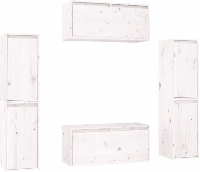 Berkfield Home 6 Piece White Solid Wood Pine TV Cabinet Set with Tall Unit and Hinged Doors – 1